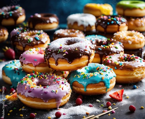 Stack of assorted donuts on colorful background. Color glazed donut with sprinkles. Copy space.