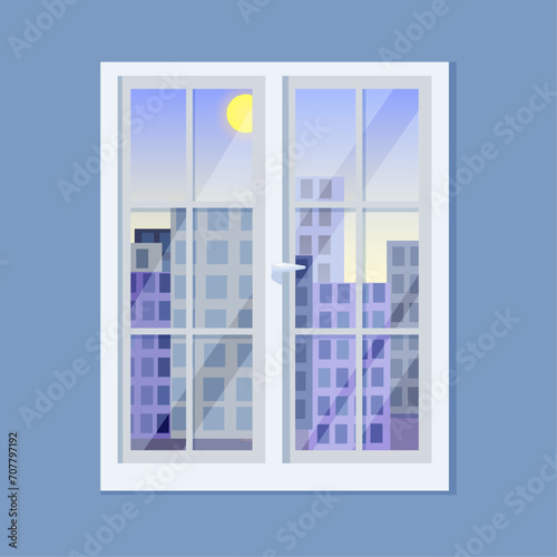 Illustration of white windows on a blue background with different views of city buildings. View of the city during the day, at night and when it gets dark. An ordinary window.