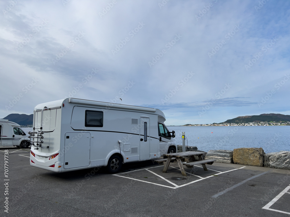 Motorhome camper in Alesund city parking in south Norway. Europe