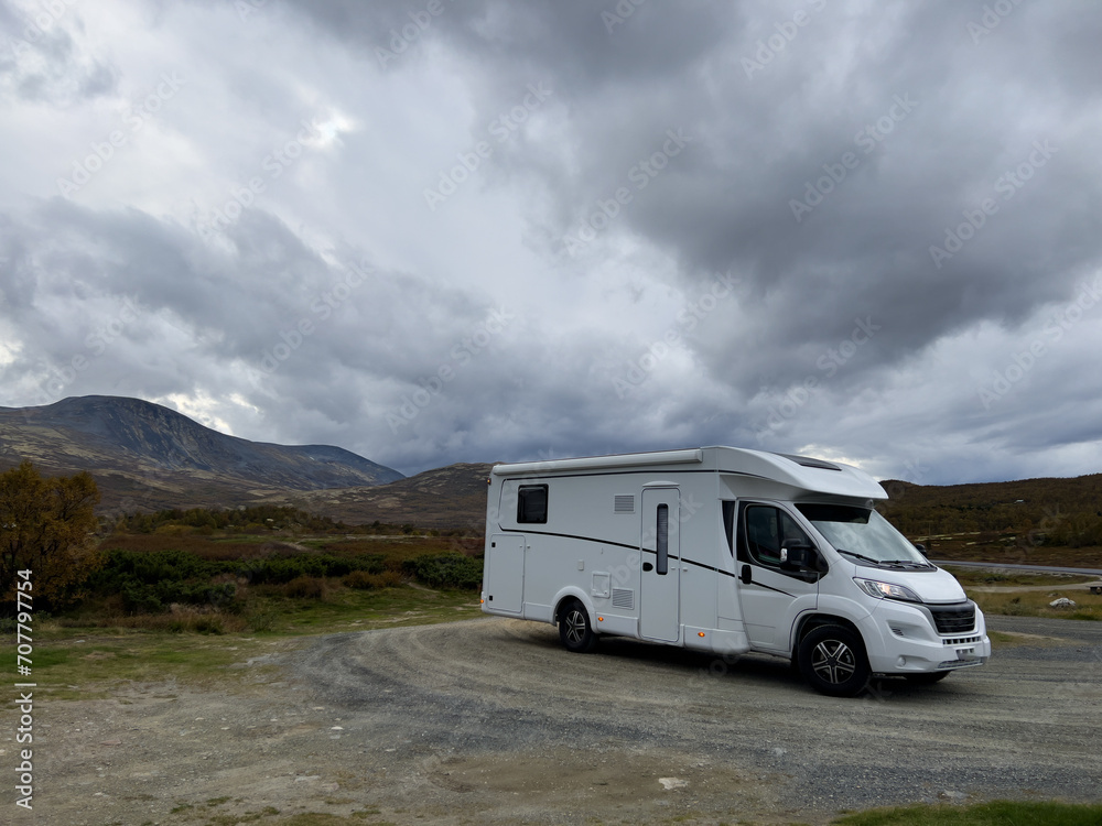 Motorhome camper in Dovrefjell National Park in south Norway. Europe
