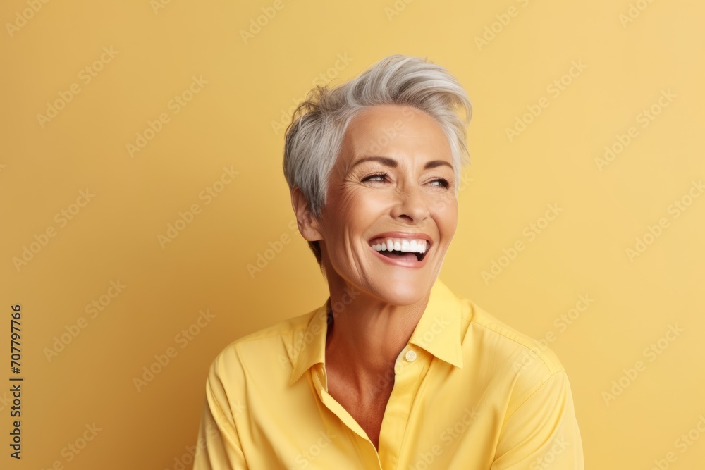 Portrait of happy senior woman laughing and looking up over yellow background Portrait of happy senior woman laughing and looking up over yellow background