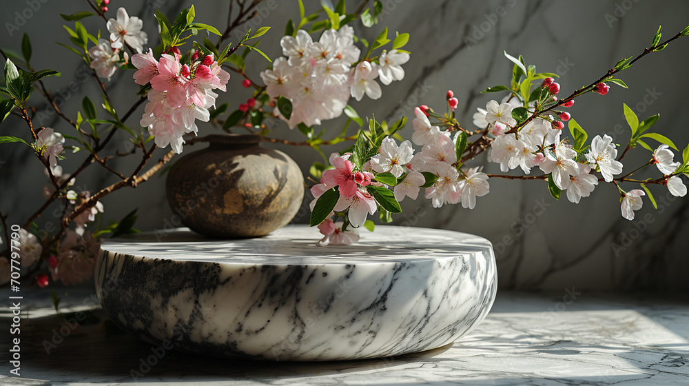 White marble podium with beautiful blooming sakura flowers. Mockup for design selective focus