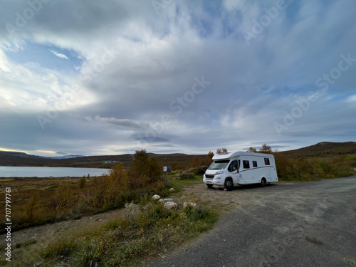 Motorhome camper in Dovrefjell National Park in south Norway. Europe
