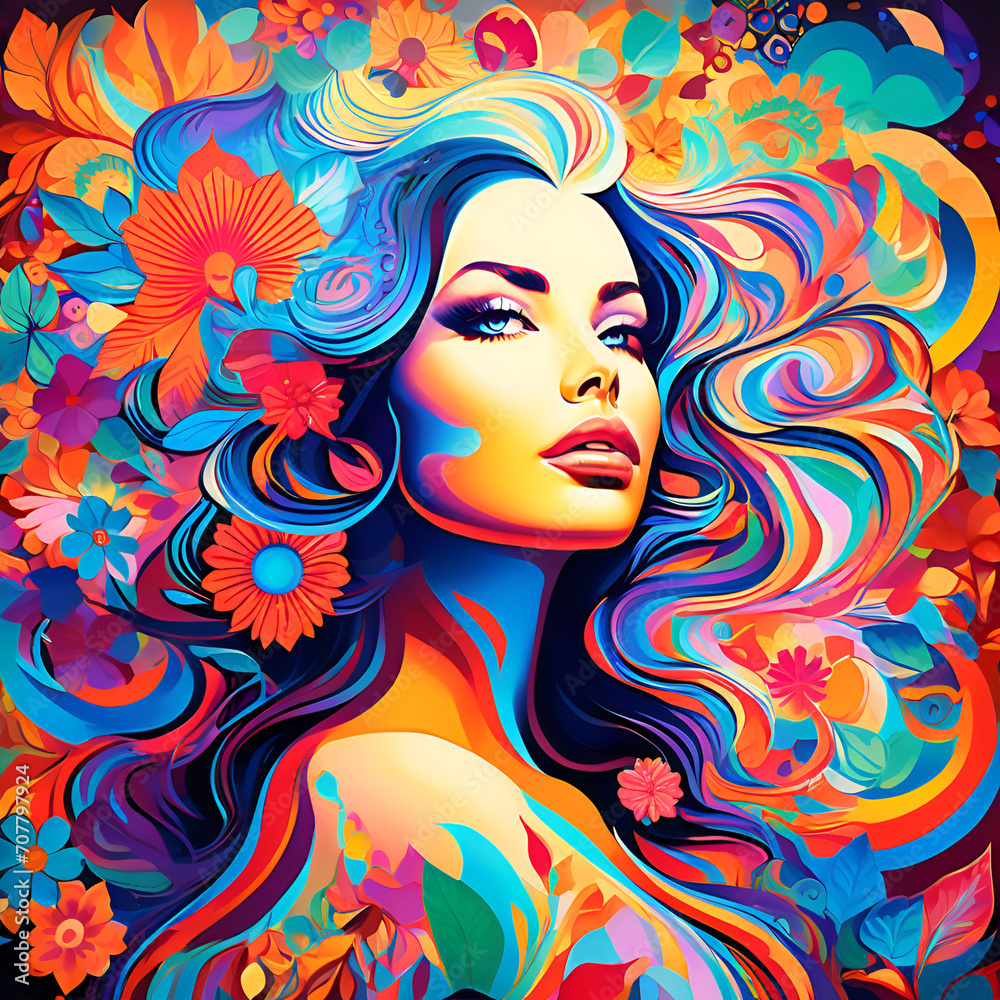   a  colorful psychedelic art of a woman portrait

