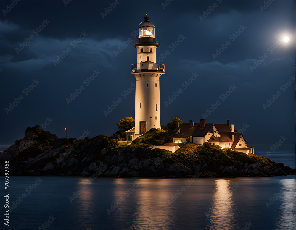 Lighthouse on a rock by the sea at night