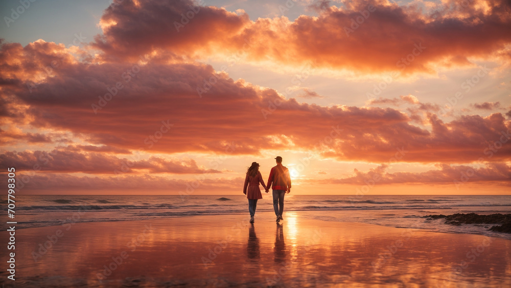 Romantic Valentine's Day background with a bright sunset, a couple walking hand in hand on the beach. generative AI