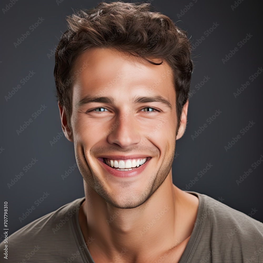 Fototapeta premium Handsome Man with Captivating Smile in Studio Portrait Against Neutral Background. 