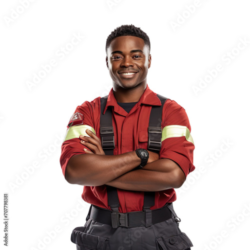 Front view of an extremely handsome black african male model dressed as a Firefighter smiling with arms folded, isolated on a white transparent background. © CrazeePixelINC