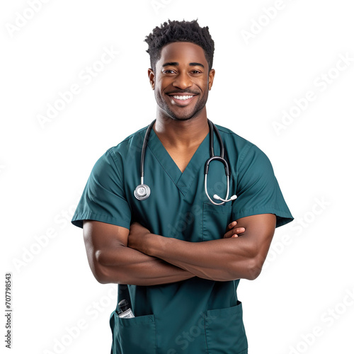 Front view of an extremely handsome black african male model dressed as a Paramedic smiling with arms folded, isolated on a white transparent background.