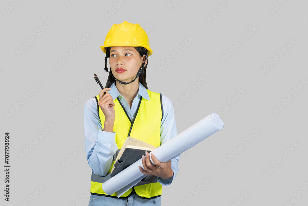 Indian Nepalese Asian Construction Engineer with chartboard and notebook gives expressions, gestures Indian Nepalese Asian Construction Engineer with chartboard and notebook gives expressions, gestures