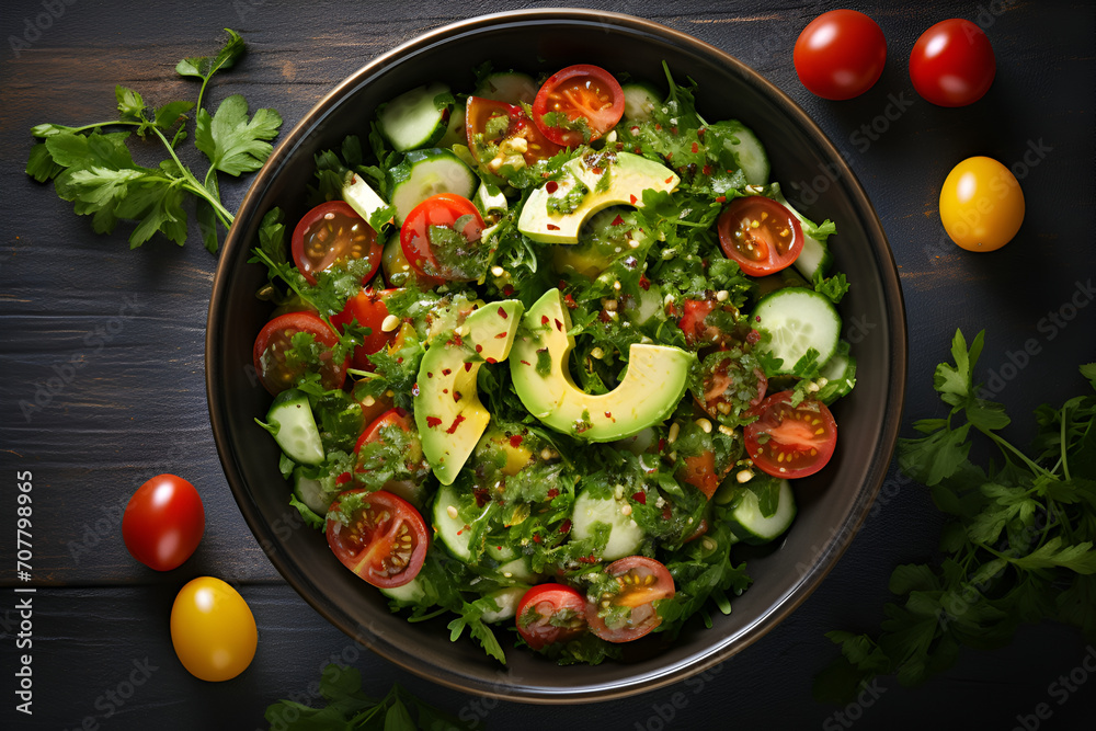 Top view on vegan salad from green leaves mix and vegetables on dark background generated AI