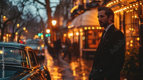 A stylish man of the 20th century, dressed in an old-fashioned suit, stands near a rare classic car, dark rain style