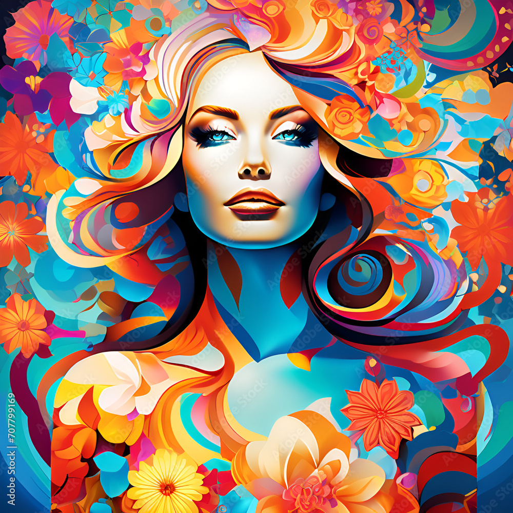 a   colorful psychedelic art of a pretty woman 