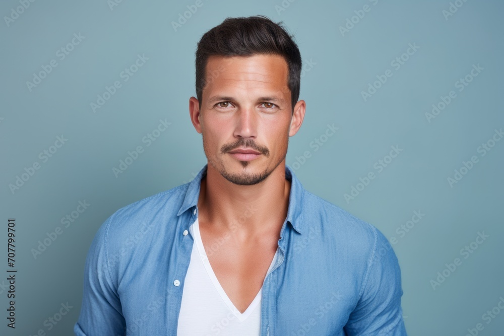 Portrait of handsome young man looking at camera and standing against blue background Portrait of handsome young man looking at camera and standing against blue background