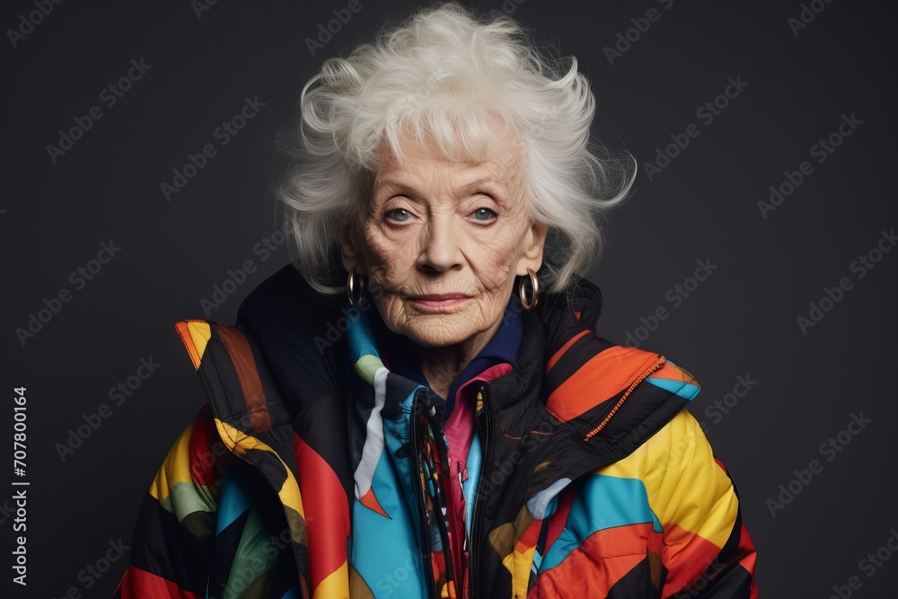 Portrait of an elderly woman in a bright jacket on a dark background Portrait of an elderly woman in a bright jacket on a dark background