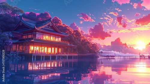 A beautiful Japanese house at sea water in the late evening. anime cartoonish hardstyle. cozy lo-fi asian architecture. sunrise in the morning