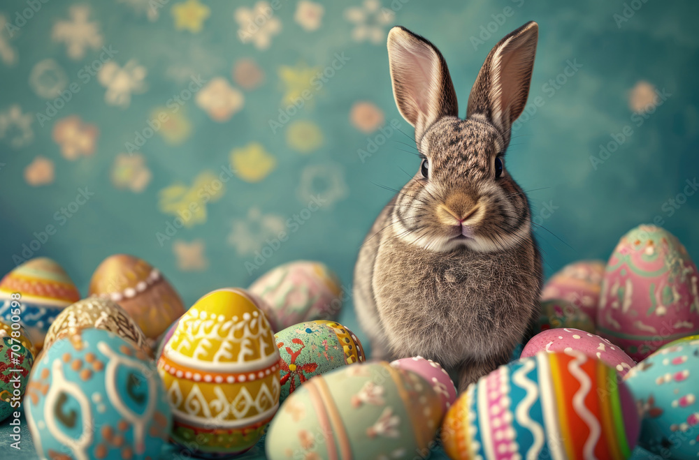 Cute brown rabbit sitting in colorful painted eggs, blurred background for card and Easter banner. Bunny looking straight forward.