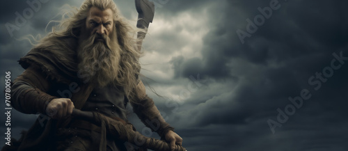 Gray-haired old man, Scandinavian god Odin, is on ship. Viking mythology illustration photo