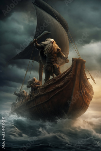 Scandinavian ship drakar with dead. Viking mythology illustration photo
