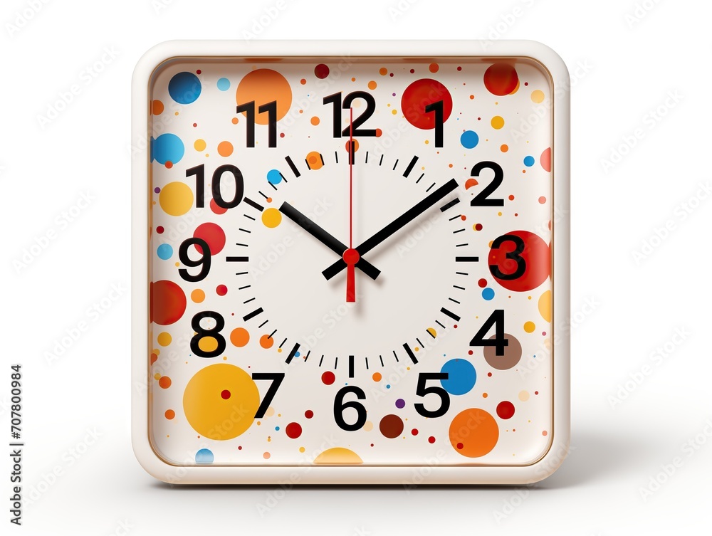 Close up of white clock with color bubbles background. Close up of white clock with color bubbles background.