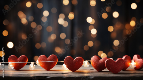 Happy Valentine's Day, wedding, birthday background. Red hearts hang on wooden clothes pegs on a string, with bokeh lights in the background.  photo