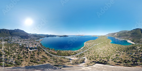 Aerial panorama over the ancient Greek theater in the old town of Antiphellus or Antiphellos - modern city of Kas in Antalya province, Turkey. Seamless spherical 360 degree panorama