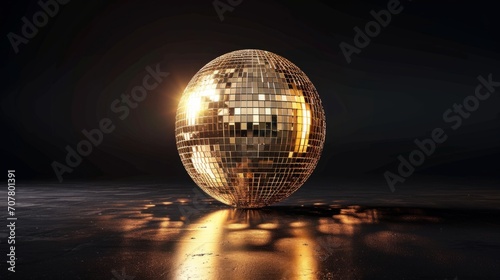 Close-Up Of Shiny Disco Ball. Mirror ball on dark background
 photo