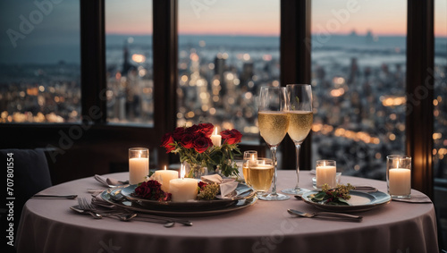 Elegant Valentine's Day background with a candlelit dinner for two. generative AI photo