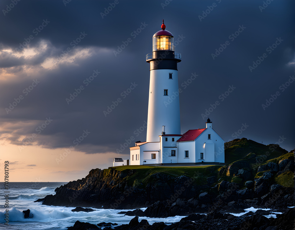 Lighthouse on a rock by the sea, at dusk