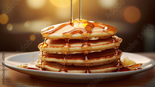 close up horizontal image of pancakes serving with maple syrup on top of it AI generated © AlfredoGiordano