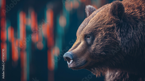 bear market on stock market or cryptocurrency market, downtrend markets are caused by crisis and recession, close up bear on down stock chart background