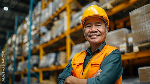 portrait of a middle aged asia storage warehouse worker working in the background a large goods storage warehouse © Slowlifetrader