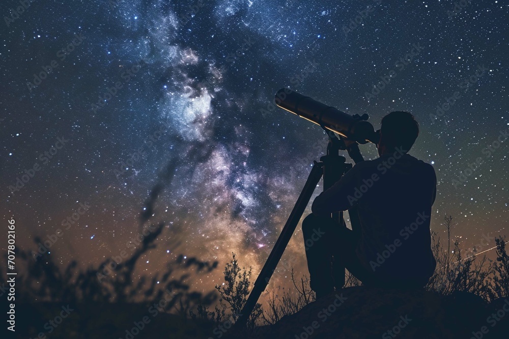 A guy sitting outside and looking through a big telescope at the night sky full of stars