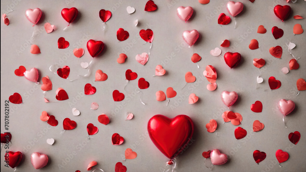 Balloons and confetti in the shape of a heart. View from above. Beautiful cute hearts in red and pink shades. The concept of a Valentine's Day greeting card. Balloons of different sizes. The banner Balloons and confetti in the shape of a heart. View from above. Beautiful cute hearts in red and pink shades. The concept of a Valentine's Day greeting card. Balloons of different sizes. The banner