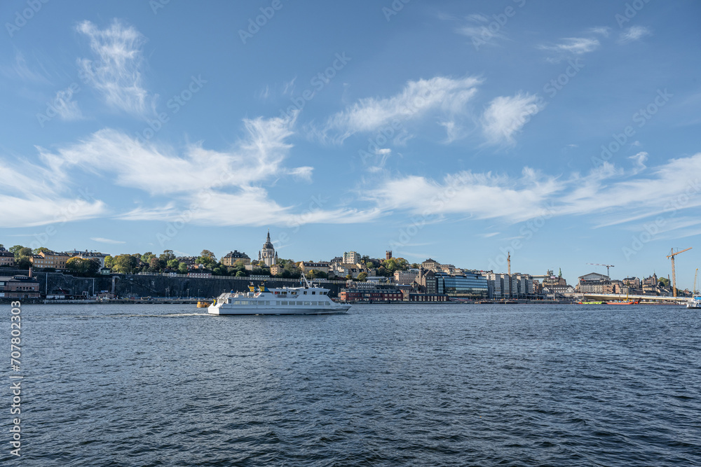 Scenic summer view of the Old Town pier architecture in Sodermalm district of Stockholm, Sweden
