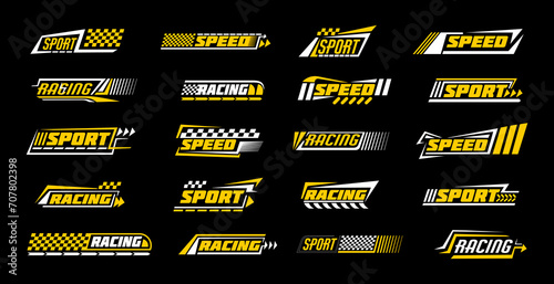 Race car flag. Formula speed sport icon. Stripe decal pattern. Auto rally. Bike racing check badge. Transport motor. Yellow ribbon border. Checkered automobile decoration. Vector design tidy signs set