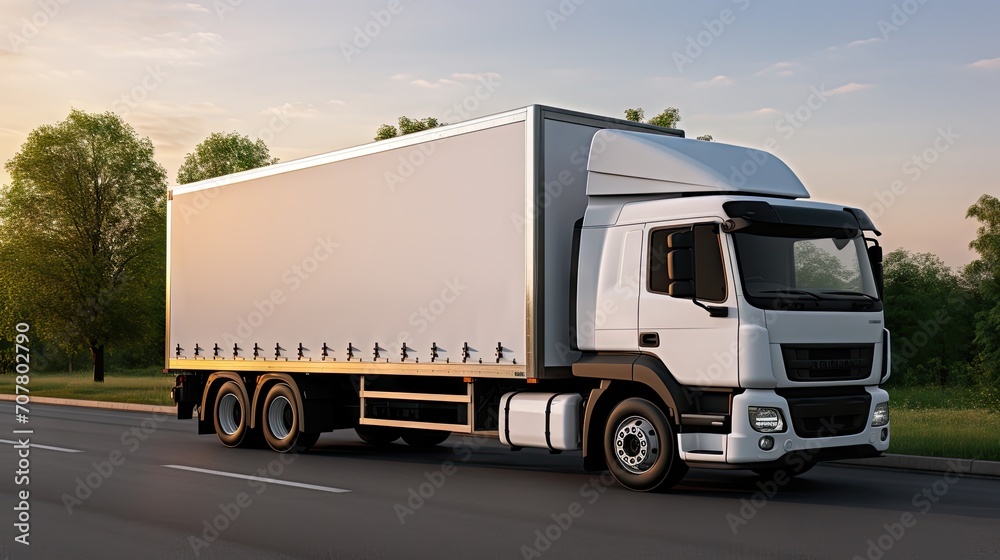 White Cargo Truck on the Highway. Blank Truck Mockup. Ideal for concepts related to marketing,transportation, logistics, shipping, and freight delivery services. White Cargo Truck on the Highway. Blank Truck Mockup. Ideal for concepts related to marketing,transportation, logistics, shipping, and freight delivery services.