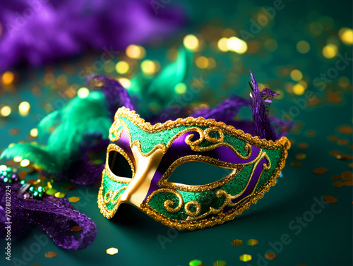 Mardi Gras theme mask with beads and glitters - ai generative