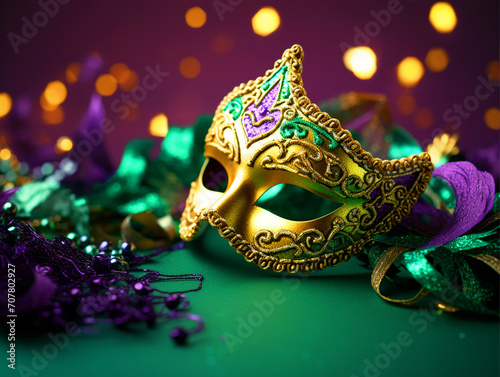 Mardi Gras theme mask with beads and glitters - ai generative © DesiArt