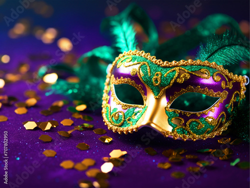 Mardi Gras theme mask with beads and glitters - ai generative