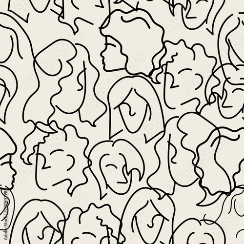 Seamless pattern - hand drawn different female faces. Women diversity. Trendy woman face doodle texture with abstract line shapes, minimal girl face. Monochrome pattern. Vector illustration.