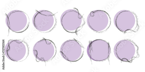 Grunge purple brush strokes with frame for text. Dirty artistic design elements with picture frame. Boxes for text. Lavender set for logo, banners, flyers, cards and other. Vector set