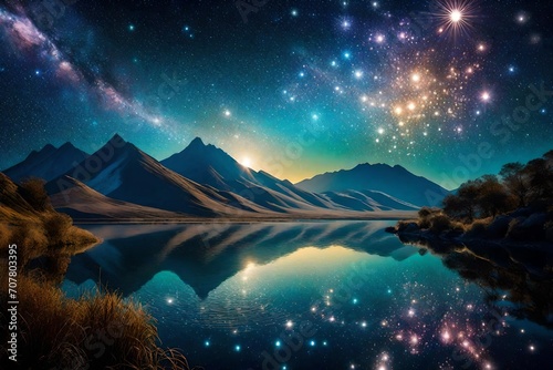 Along the shores of an astral lake, ephemeral reflections of distant galaxies ripple on the tranquil cosmic waters.

