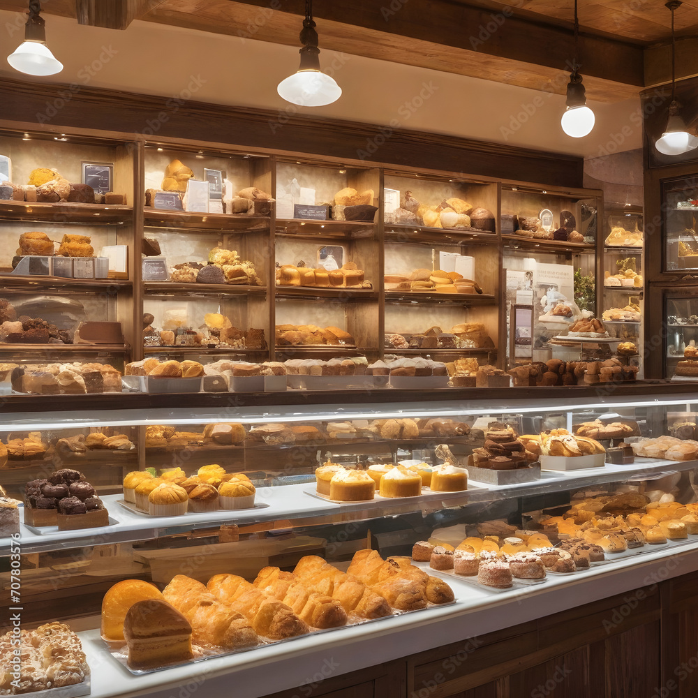 A vintage cake shop adorned with delectable pastries and cakes, showcased on counters and shelves, bathed in cozy lighting. 