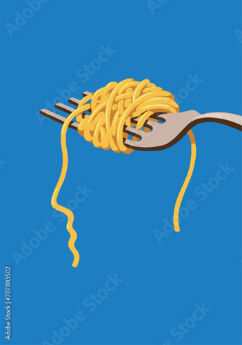 Fork with spaghetti. Fresh italian pasta. Blue background. Vector illustration. Poster, drawing. Resource for brand identity, social networks, presentations.
