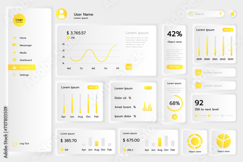 Dashboard design UX. Wireframe analytics, app template, UI website, yellow button, kit neomorphic mobile web interface, different icon menu, GUI. Graphics and charts, tools and diagrams. Vector mockup