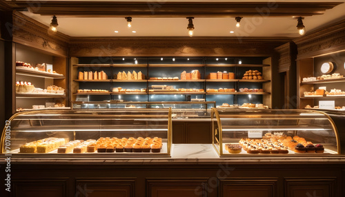 A vintage cake shop adorned with delectable pastries and cakes, showcased on counters and shelves, bathed in cozy lighting