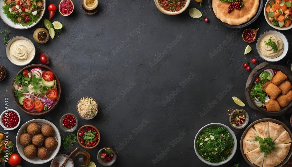 Assorted Middle Eastern and arabic dishes on a dark rustic background,border. Hummus,tabbouleh, salad Fattoush,pita,meat kebab,falafel,baklava,pomegranate. Halal food.Top view, flat lay, copy space Assorted Middle Eastern and arabic dishes on a dark rustic background,border. Hummus,tabbouleh, salad Fattoush,pita,meat kebab,falafel,baklava,pomegranate. Halal food.Top view, flat lay, copy space
