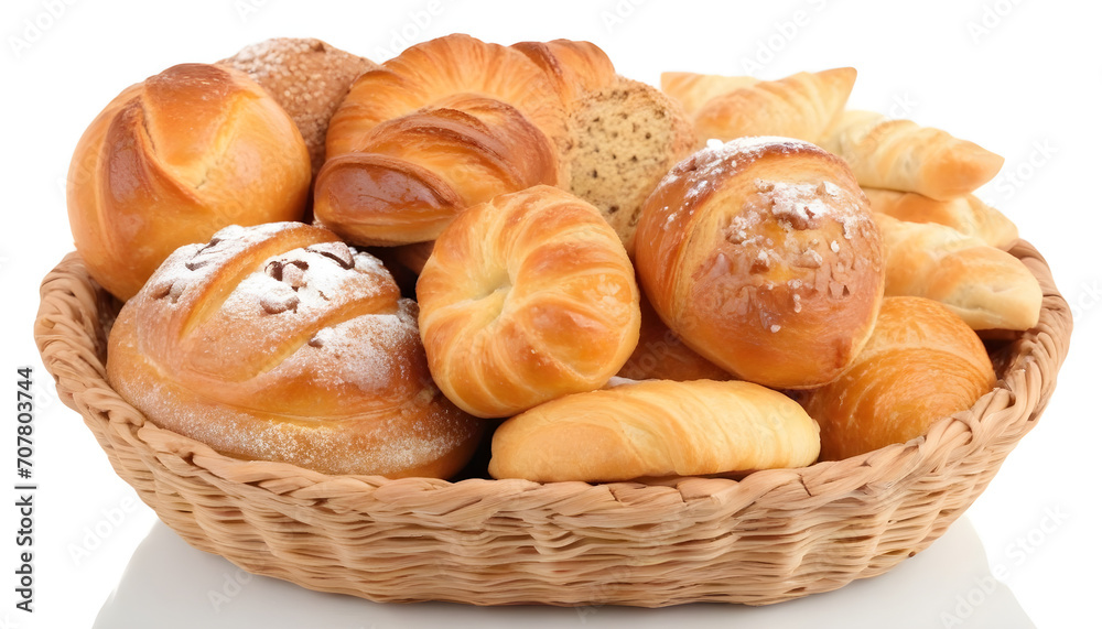Assortment of fresh pastries in wicker bowl isolated on white