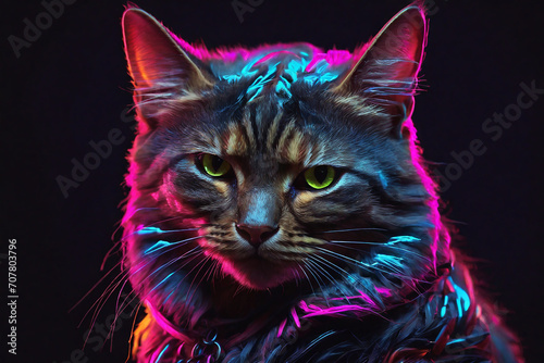 Portrait of a beautiful cat in neon light on a black background